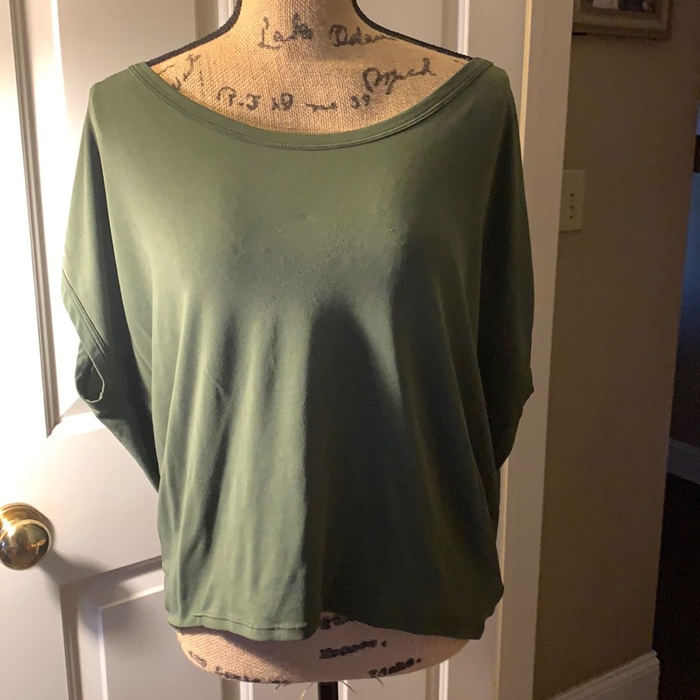 Olive rayon/spandex open back top in medium